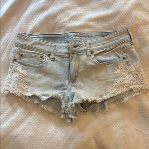American Eagle Women's Light Blue Denim Shorts with Lace Trim
